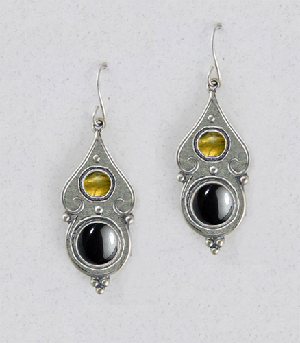 Sterling Silver Hematite And Citrine Gemstone Drop Dangle Earrings